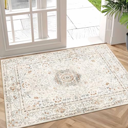 Small Rugs 2x3,Boho Rug for Entryway Bedroom Entrance Doormat | Vintage Bohemian Distressed Washable Accent Floor Throw Carpet for Kitchen Bathroom Non Slip,Beige - color: Beige, size: 2'x3'