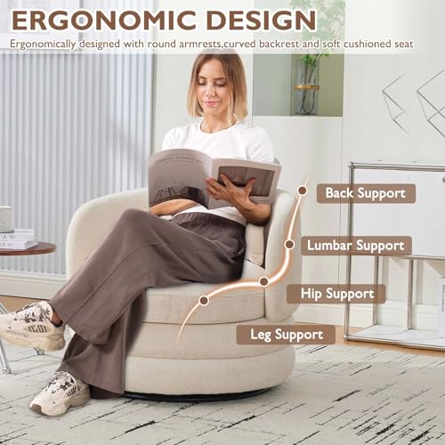 Round Swivel Barrel Chair with Comfy Pillow, Beige Small Accent Chair with Curved Backrest, Modern Upholstered Armchair & Chenille Barrel Accent Chairs for Living Room Bedroom Office (Beige) - color: Beige