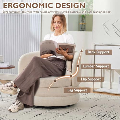 Round Swivel Barrel Chair with Comfy Pillow, Beige Small Accent Chair with Curved Backrest, Modern Upholstered Armchair & Chenille Barrel Accent Chairs for Living Room Bedroom Office (Beige) - color: Beige