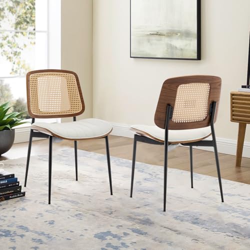 LUNLING Dining Chairs Set of 2 Mid Century Modern Retro Faux Leather Kitchen Chairs with Walnut Bentwood Upholstered Seat Metal Legs Adjustable Foot for Kitchen Dining Room Chairs(White-Rattan Back) - color: White, size: Set of 2