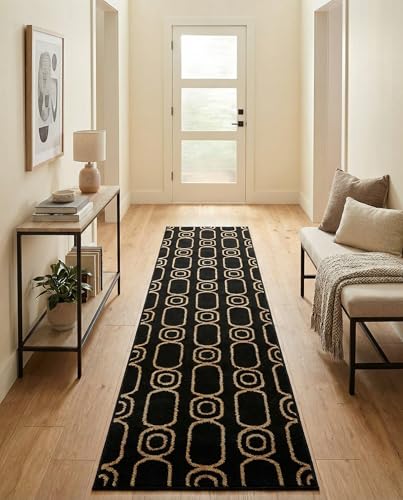 Rugs.com - Vogue Geo Rug – 8 Ft Runner Black and Gold Easy-Clean High-Pile Rug – Perfect for Hallways, Entryways, and Kitchens - color: Black and Gold, size: 2' x 8' (Runner)