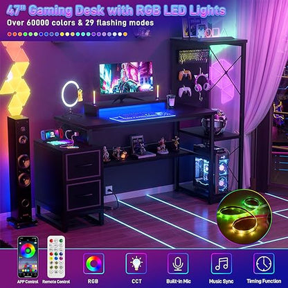 Computer Desk with 2 Fabric Drawers - Reversible Home Office Desk with Power Outlet & LED Lights, 53" Writing Desk with Monitor Stand & Storage Shelves, Gaming Desk Study Table with Pegboard, Black - color: Black