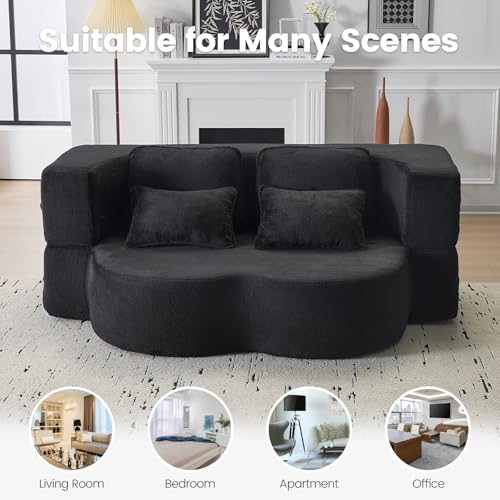 78” Convertible Sofa Bed, Full Size Sleeper Couch, Black | Boneless Folding Loveseat, Deep Seat, Soft Chenille, 4 Pillows, No Assembly, for Guest Living Room Bedroom - color: Black, size: 78"