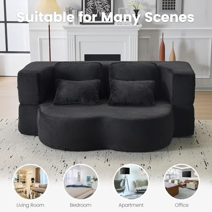 78” Convertible Sofa Bed, Full Size Sleeper Couch, Black | Boneless Folding Loveseat, Deep Seat, Soft Chenille, 4 Pillows, No Assembly, for Guest Living Room Bedroom - color: Black, size: 78"