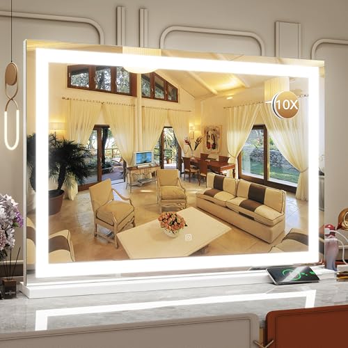 ROLOVE Vanity Mirror with Lights, 32" x 22" Large Lighted Vanity Mirror with Dimmable 3 Modes, LED Makeup Mirror, USB Charging Port, Tabletop or Wall-Mounted Square White - color: White, size: 32"L x 22"W