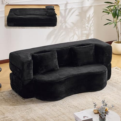 78” Convertible Sofa Bed, Single Size Sleeper Couch, Black | Boneless Folding Loveseat, Deep Seat, Soft Chenille, 4 Pillows, No Assembly, for Guest Living Room Bedroom - color: Black, size: 71"