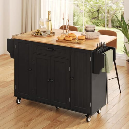47.6" Kitchen Island with Storage, Drop Leaf, Knife Holder, Black | Island Table for Kitchen with Door Cabinet, Drawer, Spice Rack, Towel Rack, and Knife Holder for Kitchen, and Living Room - size: 47.6 Inch-Black