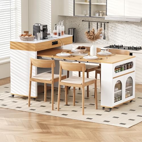 Extendable Dining Table with Extra-Long Folding Top, Rolling Kitchen Island with Storage Cabinet, Drawers & Brake Lock, Sturdy Mobile Cart for Kitchen, Dining Room & Open Spaces(Creamy White+Natural2) - color: Creamy White+natural2