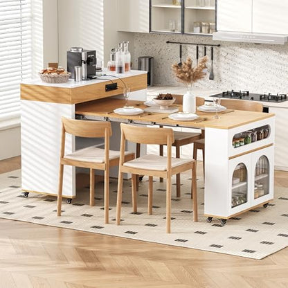Extendable Dining Table with Extra-Long Folding Top, Rolling Kitchen Island with Storage Cabinet, Drawers & Brake Lock, Sturdy Mobile Cart for Kitchen, Dining Room & Open Spaces(Creamy White+Natural2) - color: Creamy White+natural2
