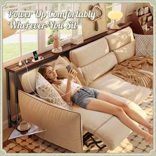 Huuger 102.4 Inch Sofa Table with Power Outlets, 23.9’’-34.4’’ Height Adjustable Range, Behind Couch Table with USB-C Ports, Sofa Tables Narrow Long, Skinny Console Table, Small Spaces, Dark Walnut - color: Dark Walnut, size: 102.4''W x 23.9''-34.4''H