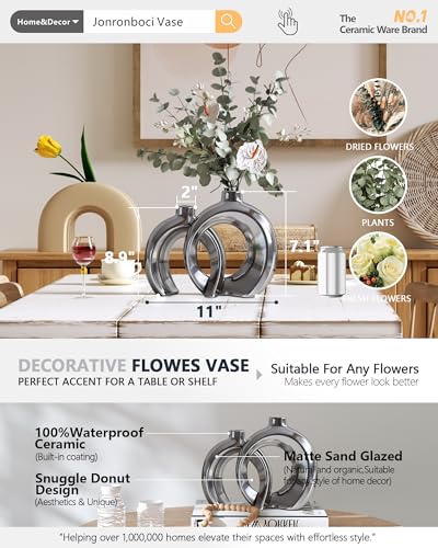 Set of 2 Silver Ceramic Vases for Home Decor Accents - Unique Hollow Donut Artistic Design Modern Contemporary Glam Style Decorative Vases for Shelf, Mantel, Entryway Table Decor (Matte Silver) - color: Matte Silver