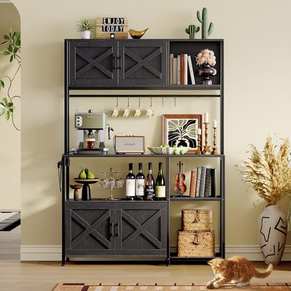 Huuger Large Bakers Rack with Power Outlet, Kitchen Microwave Stand with Cabinets, Coffee Bar Table Station with Storage, 6 S-Shaped Hooks, Mesh Shelves, 45 Inch Wooden Top, Black - color: Black
