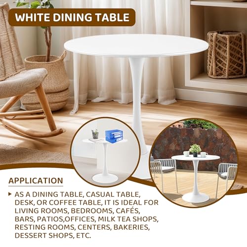 Round White Dining Table Modern Kitchen Table with Pedestal Base in Tulip Design, Mid-Century Leisure Table for 2 to 4 Person，for Kitchen, LivingRoom, Restaurant, Office, Cafe（31.49inches） - size: 28.74×31.49×31.49 inches
