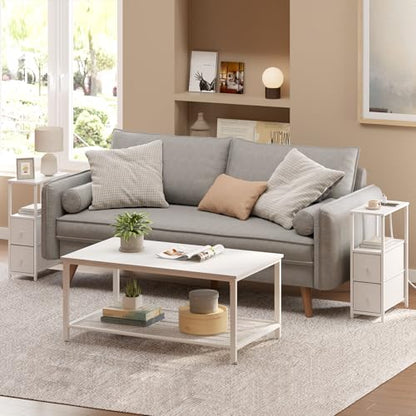 TUTOTAK Narrow End Table with Charging Station, Skinny Side Table | Bedside Table with Outlets, Nightstand with 2 Cloth Drawers, Couch Table for Living Room, Bedroom, White TB01BW055 - color: White, style: 2 Drawers & Plug