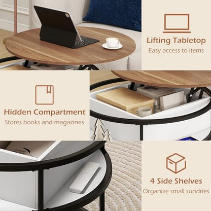 Tangkula Lift Top Coffee Table, 31.5” Round Center Table with Hidden Compartment & Side Shelves, 2-Tier Small Accent Cocktail Table for Small Spaces, Living Room, Apartment (Brown & White) - color: Brown & White