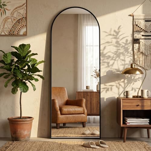 59"×19" Arched Full Length Floor Mirror, Standing Mirror with Aluminum Frame, Large Body Mirror of Free Standing/Wall Mount/Leaning for Bedroom, Living Room, Dressing Room, Black - color: Black, size: 59"L x 19"W