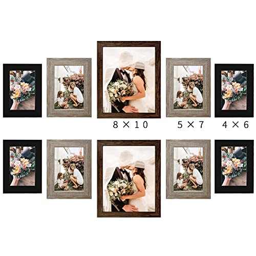 LUCKYLIFE Gallery Wall Frame Set, Picture Frames Collage 10-Pack for Wall or Tabletop with 8x10 5x7 4x6 Frames in 3 Different Finishes - color: Brown&Gray&Black