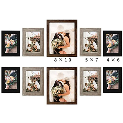 LUCKYLIFE Gallery Wall Frame Set, Picture Frames Collage 10-Pack for Wall or Tabletop with 8x10 5x7 4x6 Frames in 3 Different Finishes - color: Brown&Gray&Black
