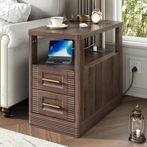 RECHHX Farmhouse End Table with Charging Station, Curved Side Table with 2 Storage Drawers for Small Space, Walnut Wooden Nightstand for Living Room, Bedroom - color: Walnut