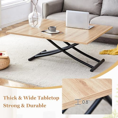 Adjustable Height Coffee Table, 4-in-1 Folding Dining Table, Oak | Convertible lift top table for use as a coffee table, dining table, home office desk or vanity - color: Oak & Black Legs