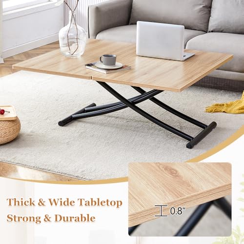 Adjustable Height Coffee Table, 4-in-1 Folding Dining Table, Oak | Convertible lift top table for use as a coffee table, dining table, home office desk or vanity - color: Oak & Black Legs