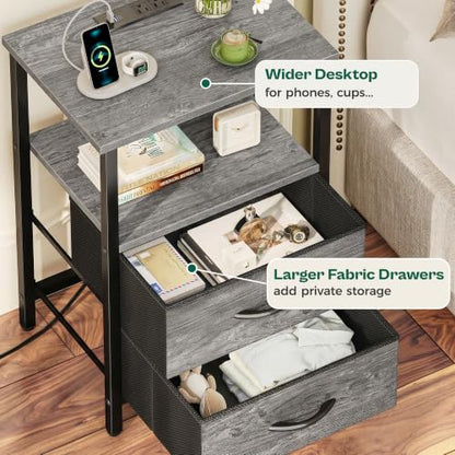 Huuger Night Stand with Charger Station and LED Lights, 2 Drawer Nightstand | Bed Side Table with Open ShelfEnd TableFabric Drawers for Bedroom, Grey - color: Grey, size: 11.8"D x 15.7"W x 23.6"H（2 Drawers）