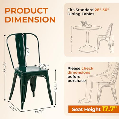 Metal Dining Chairs Set of 2,Emerald Green | Stackable Tolix Style Chairs for Kitchen,Restaurant,Bistro, Patio,Cafe&Outdoor,18 Inch Seat Height - color: Emerald Green