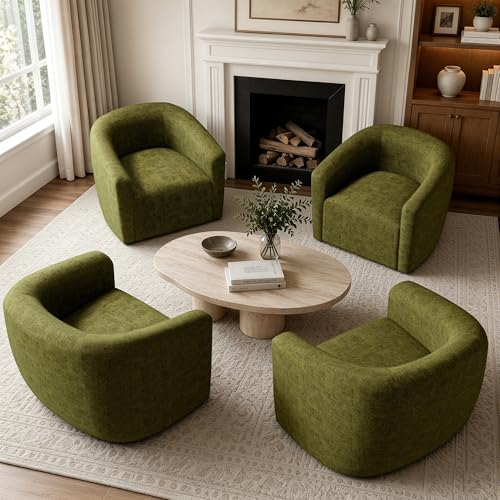 YaFiti Modern Swivel Accent Chair 1 pcs, Round Barrel Club Armchair, Green | Chenille Fabric, 24.4” Deep Seat, FSC Solid Wood, 400lbs Capacity, Barrel Club Chair, Upholstered Armchair for Living Bedroom - color: Green