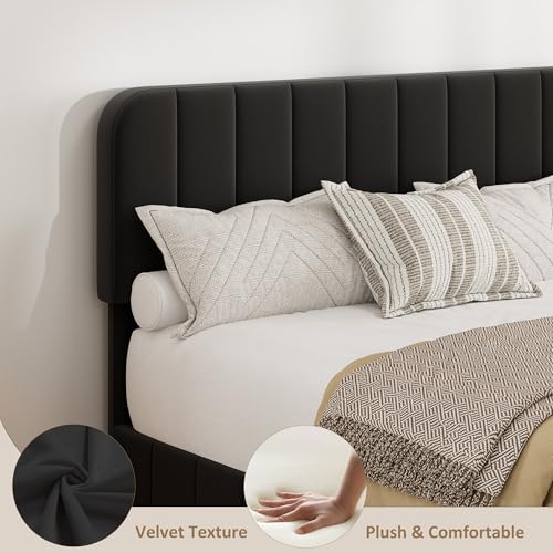Garvee Queen Size Velvet Bed Frame with 4 Storage Drawers, Upholstered Platform Bed with Vertical Channel Tufted Adjustable Headboard, No Box Spring Needed, Easy Assembly, Black | Plush Velvet Comfort, Adjustable Tufted Headboard, Sturdy Slat Support, Qui