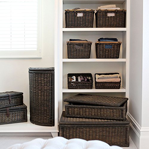 The Basket Lady Pole Handle Wicker Storage Basket, S, Walnut Brown | Outside: 14" L x 10" W x 7.5" H | Inside: 12"L x 8.5"W x 7"H - Handcrafted by artisans from natural rattan - color: Antique Walnut Brown, size: Small