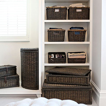 The Basket Lady Pole Handle Wicker Storage Basket, M, Walnut Brown | Outside: 16" L x 12" W x 8.25" H | Inside: 14"L x 10"W x 8"H - Handcrafted by artisans from natural rattan - color: Antique Walnut Brown, size: Medium