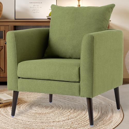 Barrel Accent Chair with Back Pillow, Large Upholstered Armchair with Solid Wood Legs Modern Reading Chairs for Living Room Bedroom - color: Barrel Olive Green, size: Set of 1
