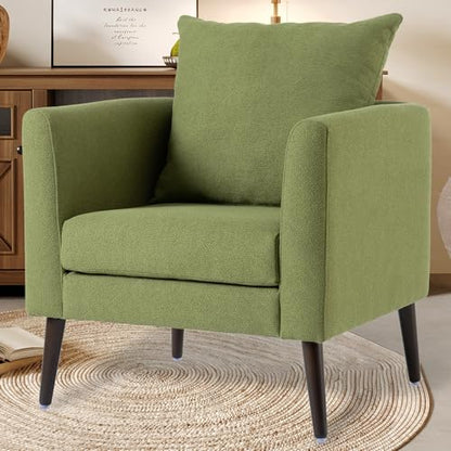 Barrel Accent Chair with Back Pillow, Large Upholstered Armchair with Solid Wood Legs Modern Reading Chairs for Living Room Bedroom - color: Barrel Olive Green, size: Set of 1
