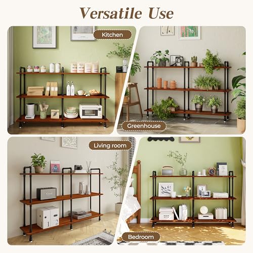 Industrial Bookshelf, Pipe Shelf Bookcase, 3 Tier, 60" Walnut | Solid pine shelves, 60 inch wide, black pipe frame, 70 lbs per shelf, open bookcase for books, plants, office - color: Walnut Brown, size: 60"L × 39"H