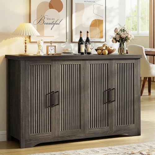 Fluted Sideboard Buffet Cabinet with Storage 55.59",Gray | Sideboard Cabinet Modern Credenza with Doors & Adjustable Shelves Modular Coffee Bar Media Console for Dining Room Entryway - color: Grey, size: 1 Piece