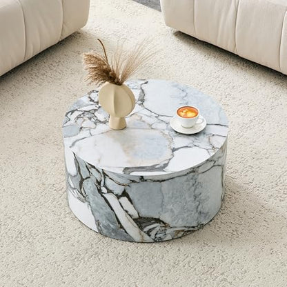 Round Coffee Table, 23.6" Modern Faux Marble Drum Coffee Table, Round Accent Center Table for Living Room Apartment Small Spaces, No Assembly Required - color: 24'' Rock White, size: 24'' Round Coffee Table
