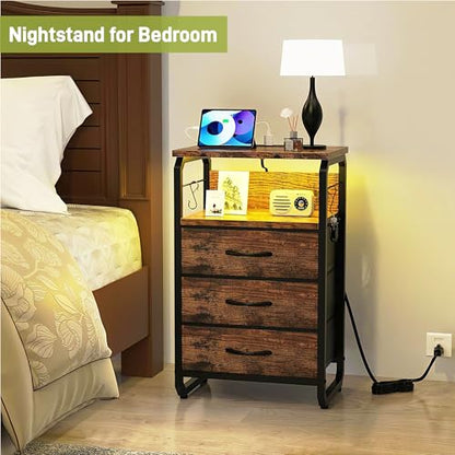 runjuly End Tables Set of 2 with Charging Station, LED Lights, Hooks, Brown | 3 Large Fabric Drawers, USB C Ports & Power Outlets, Metal Night Stand Pair, Storage Nightstand for Living Room / Bedroom - color: Rustic Brown, style: Larger+Taller Set of 2