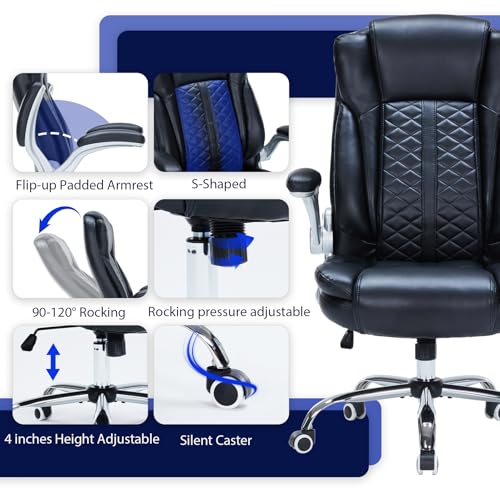 400lbs Executive Office Chair with Flip-Up Armrests, Big and Tall Computer Chair for Heavy People, Heavy Duty Ergonomic Comfy Chair, Breathable PU Leather (Black) - color: Black