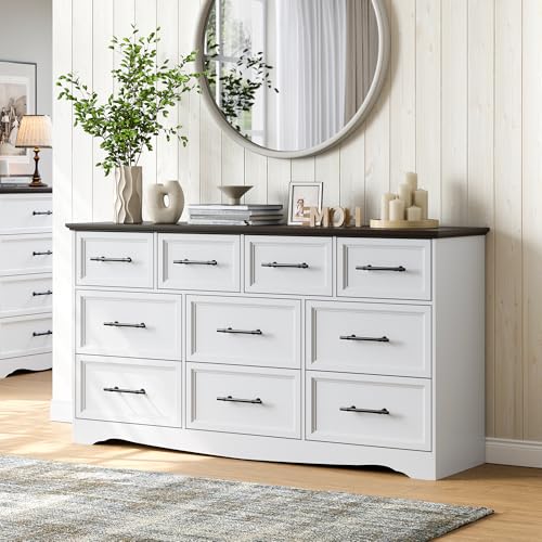 10 Drawer Dresser for Bedroom, 59" Wide Farmhouse Chest of Drawers with Brushed Metal Handle, Wood Dresser TV Stand, Closet Organizers and Storage Cabinet for Bedroom, Living Room, White - color: White, size: 15.7"D x 59.1"W x 31.4"H (10 Drawers)