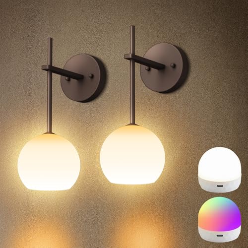 Brown Battery Operated Wall Sconces Set of 2, Rechargeable Wireless Wall Lights with Milky White Frosted Glass, 12 RGB and 3CCT Dimmable Wall Lamps with Remote for Bedroom Living Room Hallway - color: Brown
