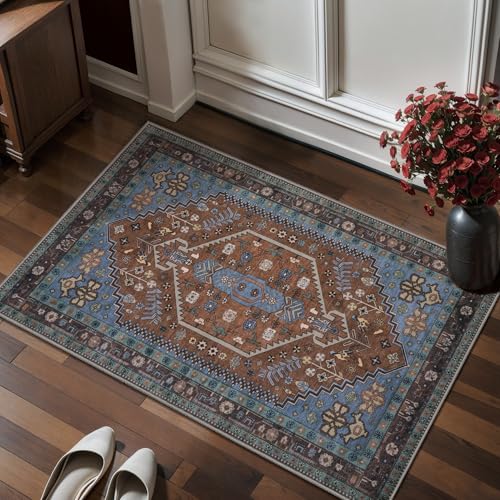 Ciicool 2x3ft Small Area Rug,Washable Boho Thin Mat for Entryway Kitchen | Oriental Non-Slip Low-Pile Indoor Carpet Soft Entry Rugs for Entrance Bedroom Kitchen Bathroom Foyer Decor - color: Brown/Blue, size: 2' X 3' (Rectangular)