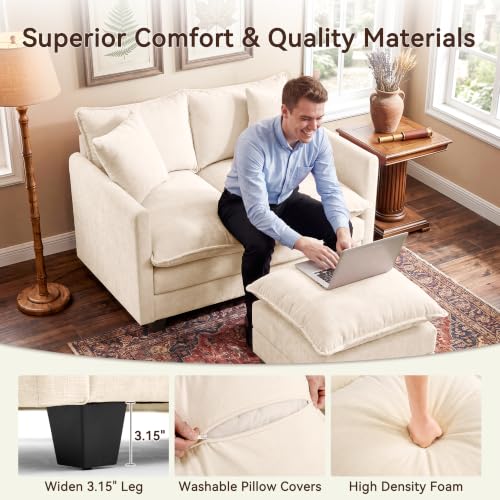 50" Loveseat Sofa with Ottoman, Cloud 2-Layer Cushion & 27" Deep Seat, Modern Love Seat Small Couch with 2 Washable Pillows for Small Spaces, Bedroom, Apartment, Office, Living Room, in a Box, Beige - color: Beige, size: Loveseat with Ottoman
