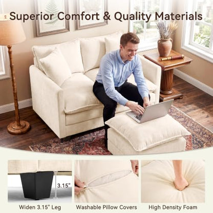 50" Loveseat Sofa with Ottoman, Cloud 2-Layer Cushion & 27" Deep Seat, Modern Love Seat Small Couch with 2 Washable Pillows for Small Spaces, Bedroom, Apartment, Office, Living Room, in a Box, Beige - color: Beige, size: Loveseat with Ottoman