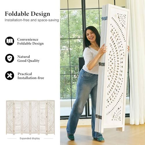 Svimi Room Divider Wood Carved Wall Divider Indoor Folding Bohemian Style Portable Partition Screen for Home Office Garden Terrace - 6 Panels (Antique, White-Washed)
