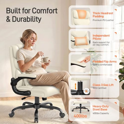 Office Chair, Executive Mid-Back Computer Desk Chair with Flip-up Armrests | 300 Lbs Ergonomic Leather Swivel PC Chair with Rock Function for Working Studying (Creamy White) - color: Creamy White