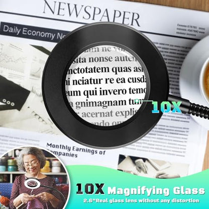 10X Magnifying Glass with Light, Clip on Mganifier with Light, 48 LED Desk Magnifying Glass wtih Clamp, 3 Modes Dimmable Magnifying LED Lamps for Bed Work Crafts DIY Repair Black - color: Black