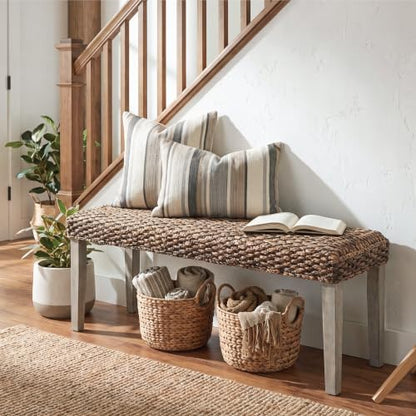 Solid Acacia Wood Bench with Natural Woven Water Hyacinth Seat, Grey Leg | Plait Style, Farmhouse, Rustic, Boho, Coastal for Living Room or Entryway - color: Plait - Grey Leg & Water Hyacinth