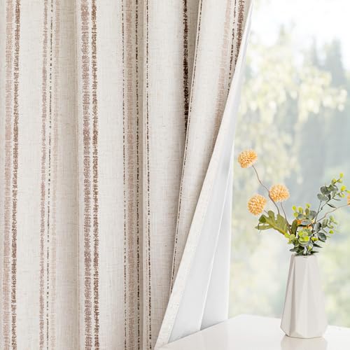 MYSKY HOME Farmhouse Taupe Striped Curtains 100% Blackout for Bedroom 84 Inches Long Tan Ticking Stripe Pinstripe Rustic Linen Blended with Blackout Layer Drapes, Grommet, 2 Panels, 52" Wide - color: Taupe/Blackout, size: 52"W x 84"L (Pack of 2)