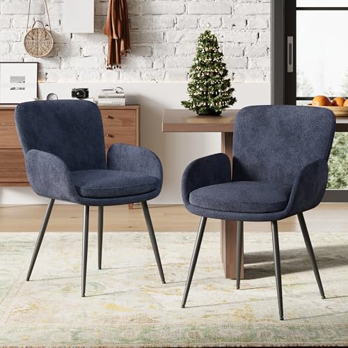 VKNOW Modern Upholstered Dining Chairs Set of 2 with Armrest, Navy | Armed Dining Room Chairs with Metal Legs, Kitchen Chairs for Restaurant Kitchen Living Room - color: Navy Blue, size: Set of 2