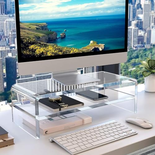 Egchi Acrylic Monitor Stand,2 Tiers Computer Monitor Riser(18x8x5.5 inches),Computer Stand/Monitor Riser for Office,School,Home,Laptop Stand Desktop Stand for Keyboard Storage&Printer TV Screen | Computer Stand, Monitor Riser, for Office,School,Home,Lapto